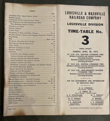 L&N Louisville & Nashville Railroad Company April 1973 Louisville Timetable No 3