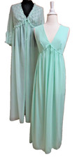 Vtg Peignoir Set Nylon Nightgown Chiffon Robe Sz M Seafoam Mint Green