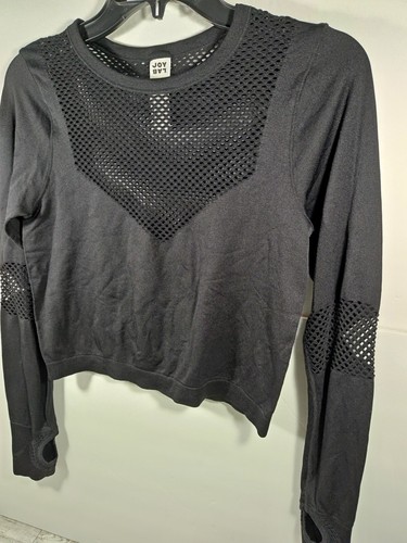 JOY LAB M Top Black Cropped Long Sleeve Waffle Holes Thumb Cut Out Fitted Medium - Picture 3 of 10