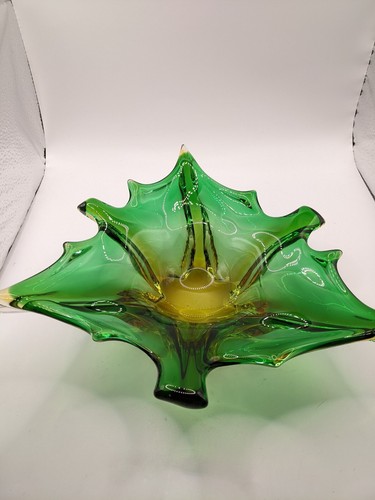 Vintage Murano? Blown Glass Green And Gold Dish Leaf Design Beautiful - Picture 3 of 10