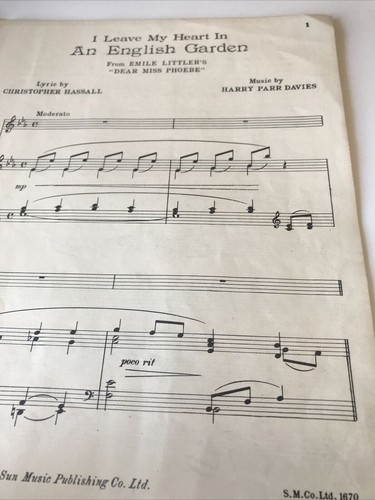 Vintage Sheet Music. ‘Dear Miss Phoebe’ - I Leave My Heart In An English Garden - Picture 5 of 7