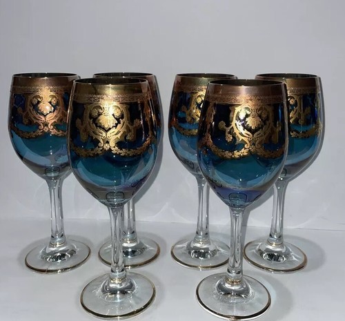 Rare! Set Of 6! MCM Murano Italian Blue W Gold Accents Wine Glasses - Picture 4 of 15