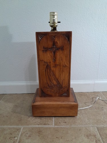 Vintage Laser Engraved Schooner Sailboat Nautical Heavy Wood Base Lamp Tested