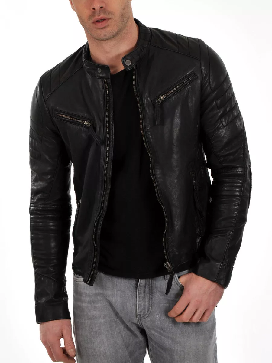 Nuevo 100% Chaqueta de Cuero Hombre Delgado Negro Motero Cazadora eBay