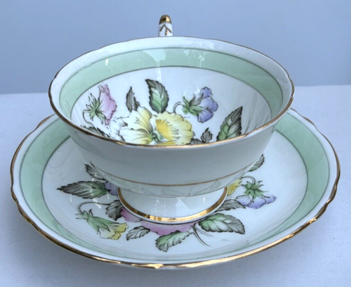 VTG PARAGON SWEET PEA FLORAL CUP & SAUCER Double Warrant A 1838 Green Band Gold - Picture 6 of 24