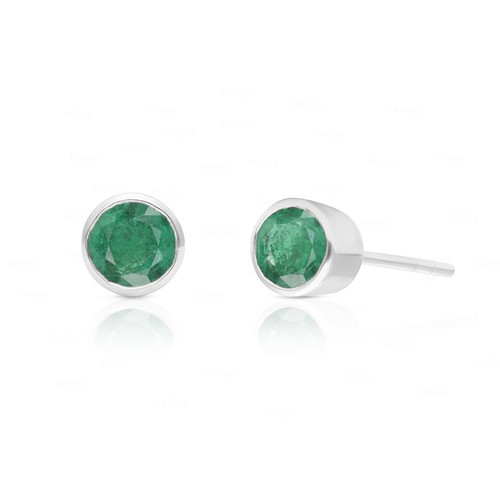 14K Gold Emerald Bezel Gemstone Studs Earrings-Everyday Wear! - Picture 8 of 9