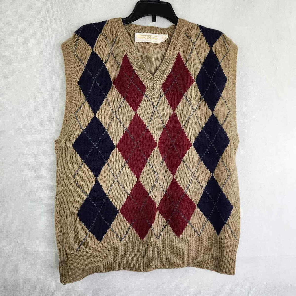 Vintage Argyle Sweater Vest Tan Brown Acrylic Size S Blue