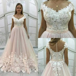 Vintage Blush Lace Flowers Beading Wedding Dress A Line Liques Image Is Loading Vintage Blush Lace Flowers Beading Wedding Dress A