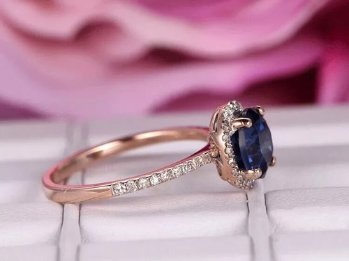 1.80 Ct Real Natural Blue Sapphire & Diamond Engagement Ring 14K Solid Rose Gold - Picture 4 of 7