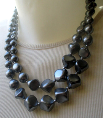 Collier Double Rang Perles Résine Grise - Argenté - Bijou Vintage Français 5503