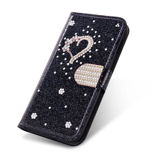 For iPhone 16e/15/14/13/16 Pro Max Glitter Wallet Case Diamond Heart Flip Cover - 第 9/19 張圖片