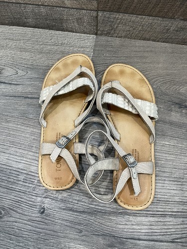 TOMS Lexie Canvas Sandals Vegan Thong Ankle Strap Beige Cream Gray Women 8.5 EUC - Picture 5 of 8