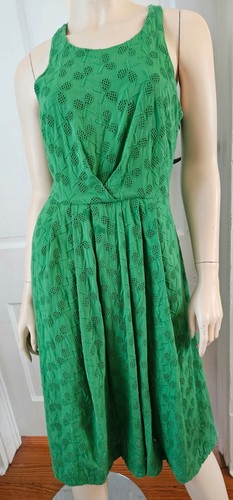 Anthropologie Postmark Green Cotton Eyelet Dress Tennis Rack Motif SIZE 0