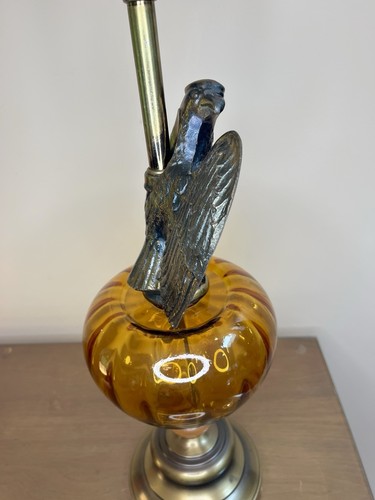 Vintage Mid Century Federal Eagle Table Lamp 1970's Amber Glass Globe 29” Tall - Picture 15 of 24