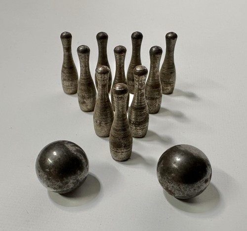 Antique Vintage Miniature Metal Bowling Game Pins Ball Children’s Novelty Toy