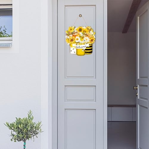 Welcome Wood Door Sign, Sunflower Yellow Flower Wreath Hanging Front Door Bee - Imagen 6 de 8