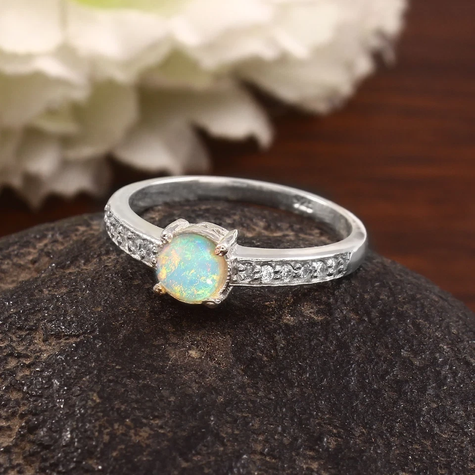 Hermoso anillo de ópalo etíope natural plata 925 ópalo de fuego cabujón redondo Foto 2 de 4