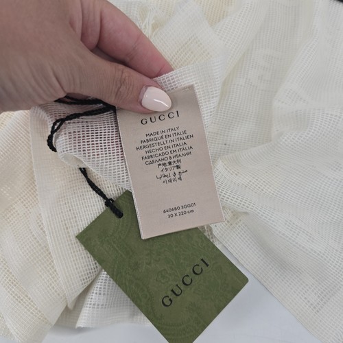Gucci Shaby Scarf Cream GG Logo Sheer with Fringe NEW 30x220cm with Bag - Picture 5 of 8