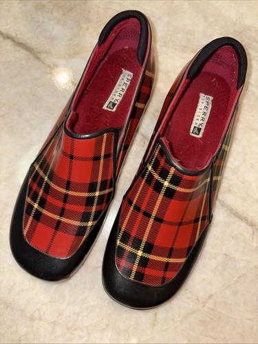 Sperry Topsider PELICAN Red Black Plaid Fleece-Lined Rain Shoes Boots 10 M - Picture 2 of 11