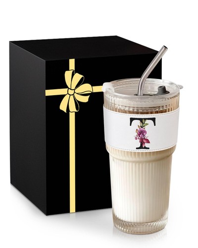 Alphabet Glass Cup with Lid Straw Ribbed Ice Tea Coffee Matcha Cute Stuff Lat...