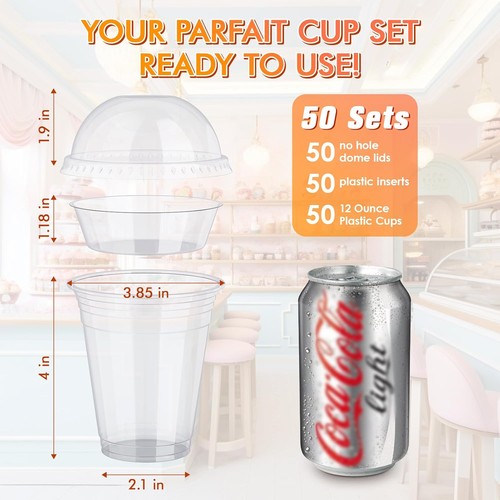 50 Sets 12 oz Clear Plastic Parfait Cups with Insert & Dome lids, Disposable ... - Picture 2 of 8