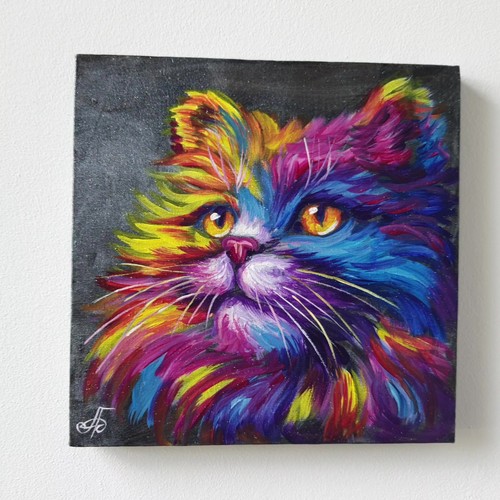 Original Rainbow Cat Portrait Acrylic Painting Canvas Vibrant Animal Wall Art - Picture 6 of 24