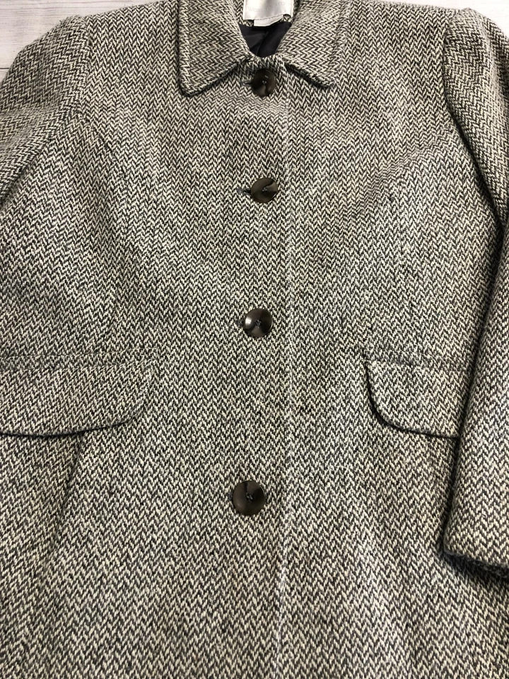 Casaco Worthington feminino grande cinza preto espinha de peixe tweed botão forrado na frente - Imagem 4 de 4