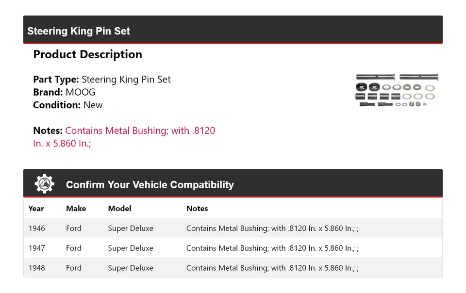 For 1946-1948 Ford Super Deluxe Steering King Pin Set MOOG 1946 1947 1948 - Image 2 of 3