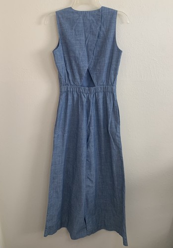 J Crew Women's Size 0 Chambray Romper Jumpsuit Wide Leg Cropped Sleeveless Blue - Picture 10 of 12