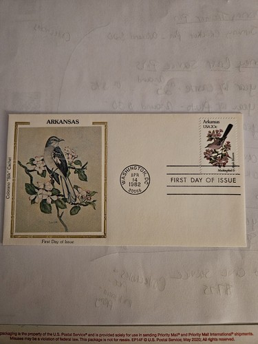 First Day Issue Stamped Envelope-Arkansas State Bird/Flower