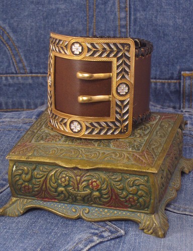 OOAK Art Collage Vintage Enamel Belt Buckle Leather Men’s Cuff Bracelet - Picture 2 of 7