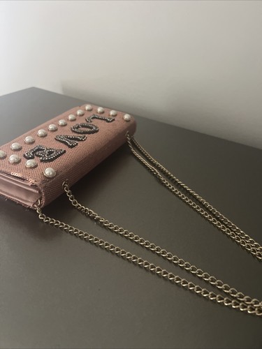 Aldo Clutch Party Purse LOVE Sequin Pearl Chain Straps As Is - Picture 5 of 12
