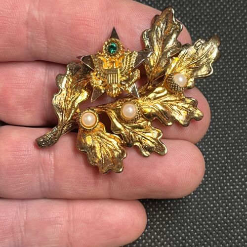 SPILLA STELLA A MANO ARGENTO STERLING VERMEIL ROVERE FOGLIA GHIANDA AQUILA #076 - Foto 6 di 9