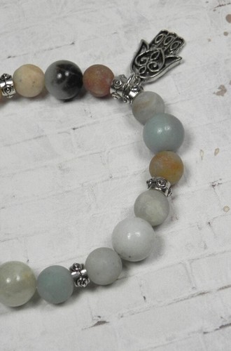Amazonite Silver Hamsa Hand Spacer Multicolored Stretch Bracelet Handmade 7" New - Picture 2 of 4