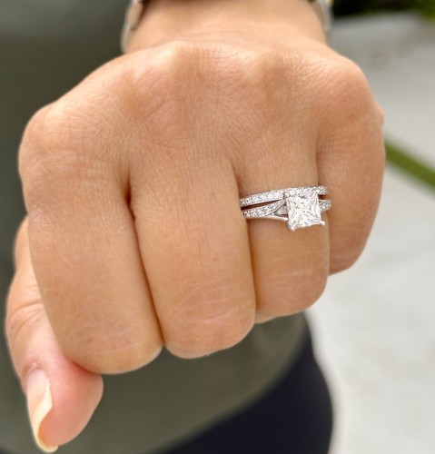 14K MASSIVER WEISSGOLD SIMULIERTER PRINZESSIN DIAMANT VERLOBUNGSRING UND BAND 2,10 KT - Bild 5 von 16