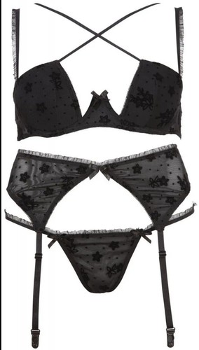 Cottelli Lingerie Sexy Set Intimo Nero Ricamato con Reggicalze Tanga e Reggiseno - Foto 2 di 7