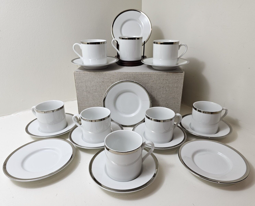 FLAT DEMITASSE ESPRESSO CUP & SAUCER SET OF 8 WHT/PLATINUM RIM WILLIAMS SONOMA - Picture 8 of 24