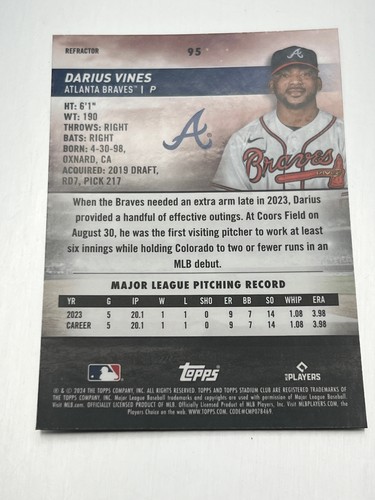 2024 Topps Stadium Club DARIUS VINES RC CHROME REFRACTOR #95 - Picture 2 of 2