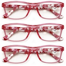 3 Pairs Women Pink Camouflage Rectangular Reading Glasses - Clear Lens Reader