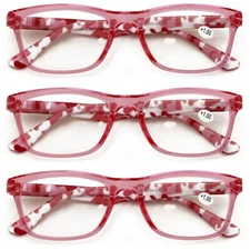 3 Pairs Women Pink Camouflage Rectangular Reading Glasses - Clear Lens Reader