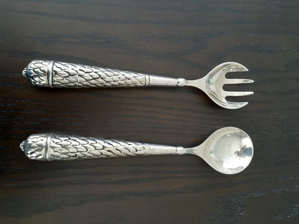 Salad Serving Set Spoon & Fork Vintage Look Silverplated Polished Cast Aluminum - Image 3 of 4