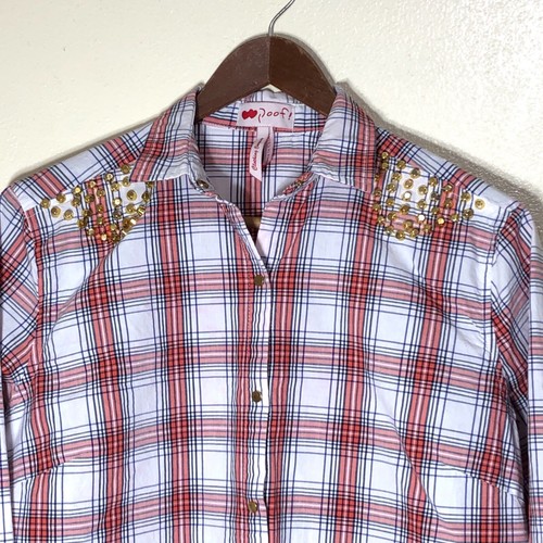 Poof Damen Nieten Karo Hemd Größe Lg Unikat Button Down Business Freizeit Arbeit - Bild 2 von 12