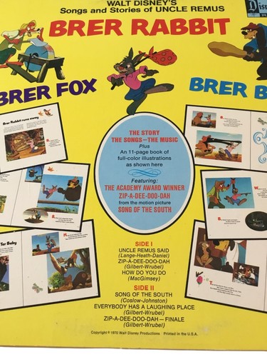 Brer Rabbit Brer Fox Brer Bear Record & Book Disneyland 3907 Song of the South - Foto 3 di 9