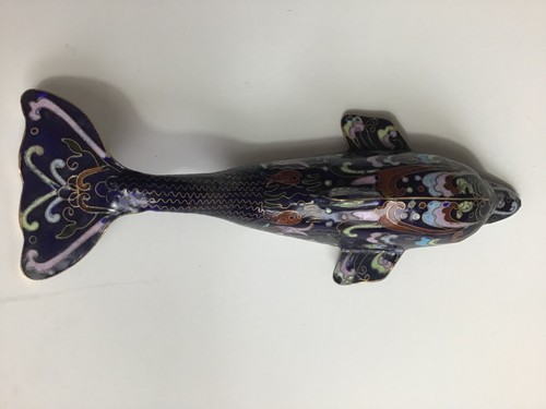 Vintage bemalter Delfin Emaille Goldrand Fische Wellen - Bild 4 von 5