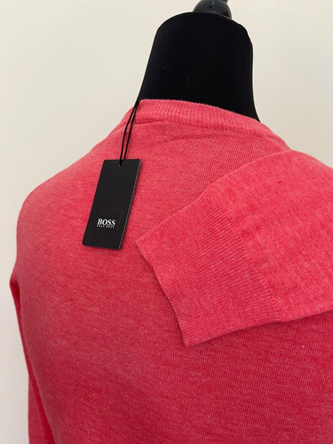 New HUGO BOSS Sweater Logo V neck Pink Red Wool Pullover XL size - Picture 4 of 7