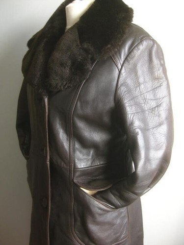 LONG LEATHER COAT TRENCH 10 12 sherpa fur collar officer military steampunk - Picture 15 of 24