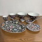 Set For 2 Chinese Famille Noire Mille Fleurs 1000 Flowers Bowl Spoon Cup Plate