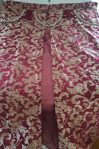 Jacquard Burgundy & Gold 84" Window Panel Curtain Attached Valance Sheer Backing - Picture 2 of 11