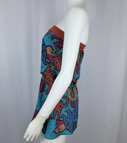 Super Lucky Cat Small Blue Abstract Print Recycled Strapless Mini Dress - Picture 4 of 8