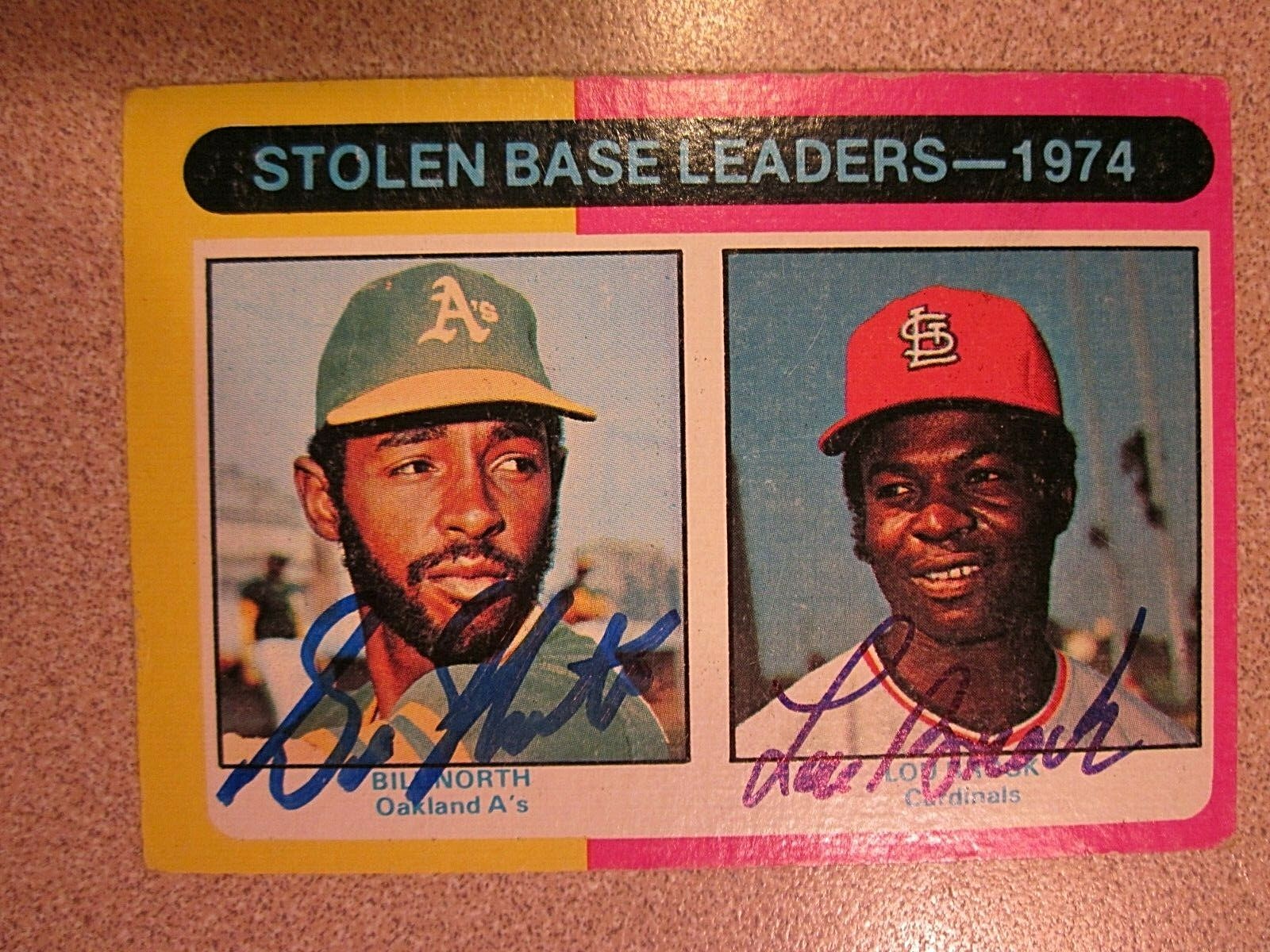 1975 TOPPS MINI #309 LOU BROCK & BILL NORTH DUAL SIGNED JSA T18478 AUTOGRAPH